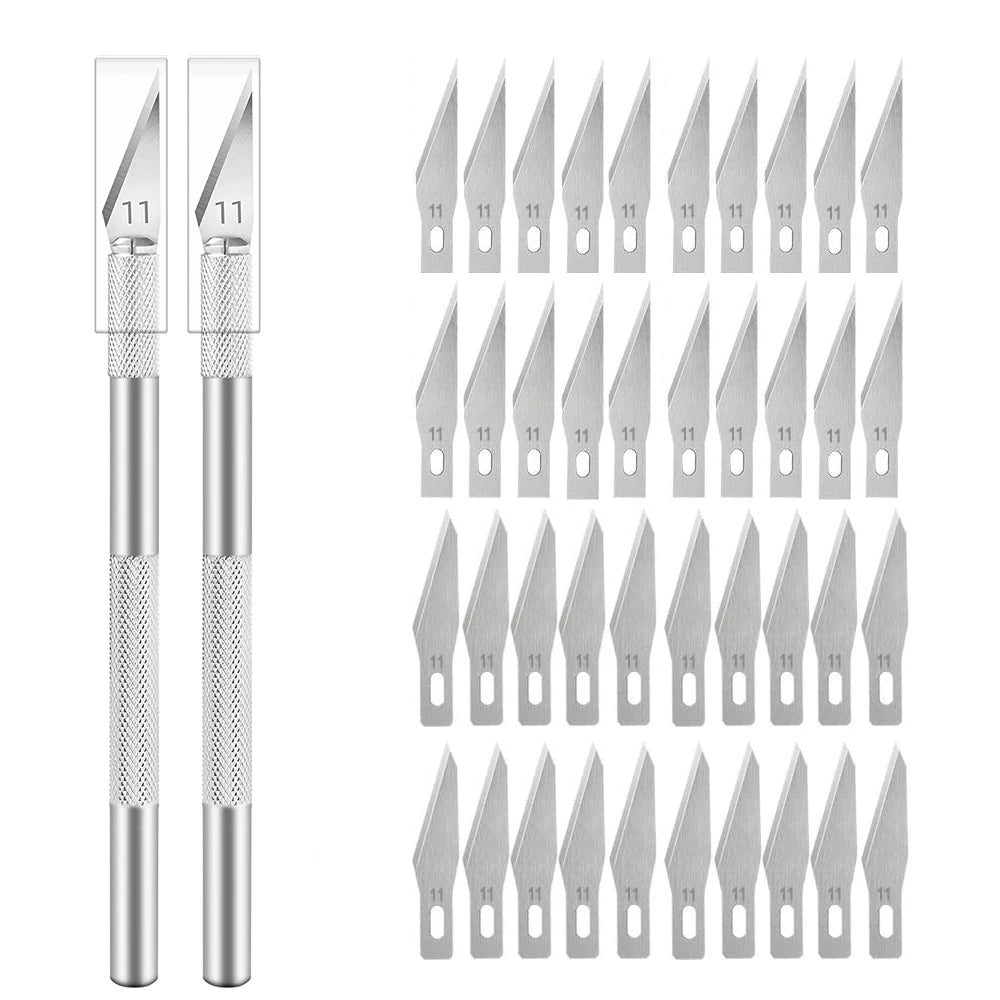 Engraving Non-Slip Metal Knife Kit + 40/10pcs #11 Blades Cutter Craft Knives for Mobile Phone PCB Repair Hand Tools - Silver