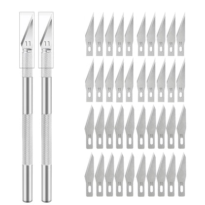 Engraving Non-Slip Metal Knife Kit + 40/10pcs #11 Blades Cutter Craft Knives for Mobile Phone PCB Repair Hand Tools - Silver