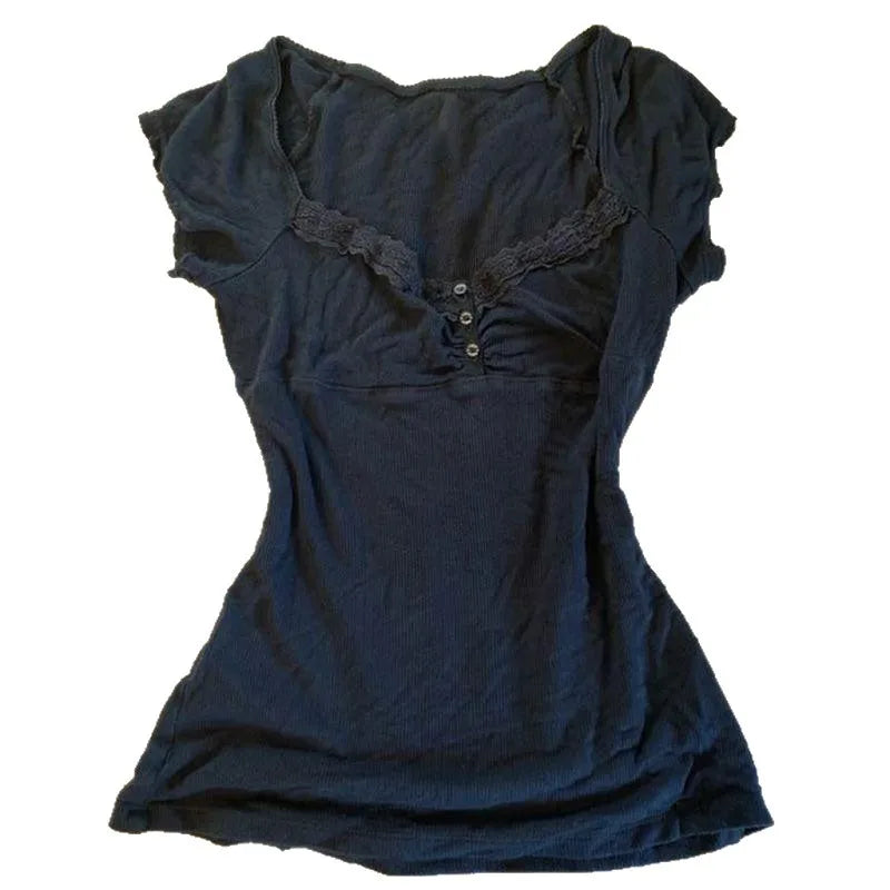 Vintage Slim Lace T-shirt Solid Color Casual Pattern Commuter High Street Fashion Y2K Cropped Top Trash Punk Hop Women's T-sh