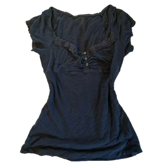 Vintage Slim Lace T-shirt Solid Color Casual Pattern Commuter High Street Fashion Y2K Cropped Top Trash Punk Hop Women's T-sh