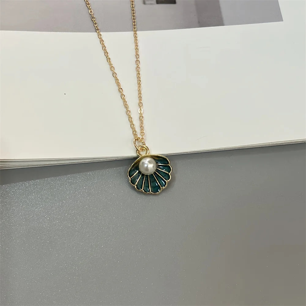 Colorful Shell Pendant Necklace Imitation Pearl Fashion Women Neck Jewelry Golden Color Link Chain Jewelry