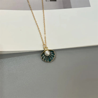 Colorful Shell Pendant Necklace Imitation Pearl Fashion Women Neck Jewelry Golden Color Link Chain Jewelry - G