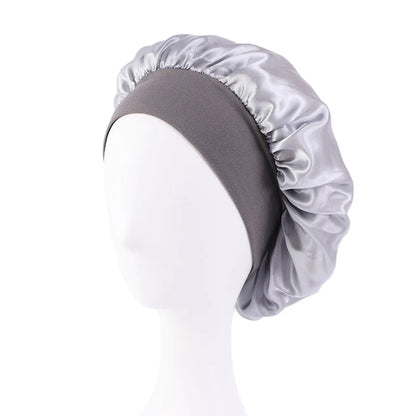 Women's Satin Solid Bonnets Wide-brimmed Night Sleeping Bathing Hat Unisex Head Wrap Elastic Band Cap Hair Care Bonnet - sliv