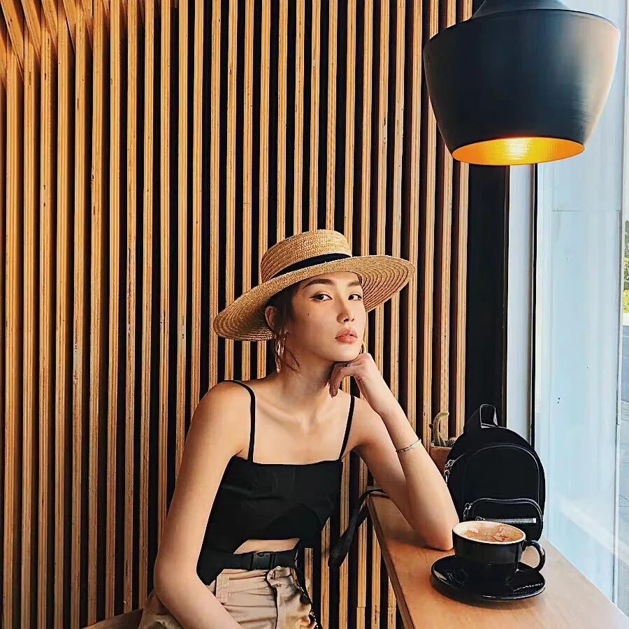 Boater Straw Hat wide brim French elegant square ribbon women's sun hat holiday straw hat 모자 햇빛 가리개