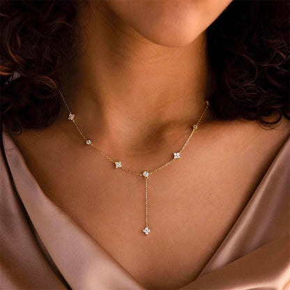 14K Gold Plated Lariat Necklace for Women CZ Star Clover Teardrop Y Shaped Drop Pendant Necklaces Elegant Party Wedding Jewel