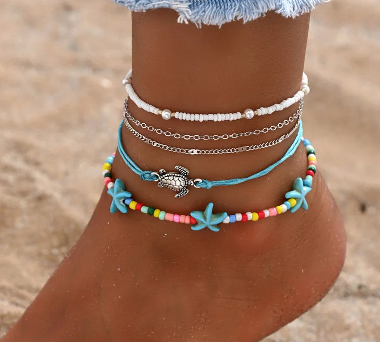 Beach Bead Anklet for Women Jewelry Retro Fashion Beads Stone Pendant Ankle Chain - 14