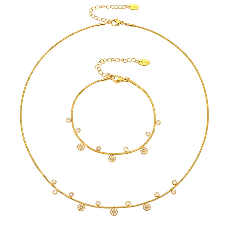 Lariat Y Necklace Matching Bracelet In Stainless Steel 18k Gold Plated With Zircon Flower Chain Necklaces Bracelets For Women