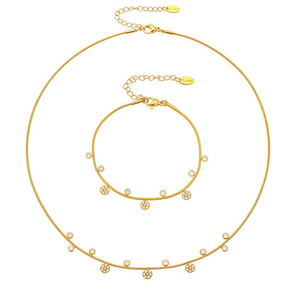 Lariat Y Necklace Matching Bracelet In Stainless Steel 18k Gold Plated With Zircon Flower Chain Necklaces Bracelets For Women
