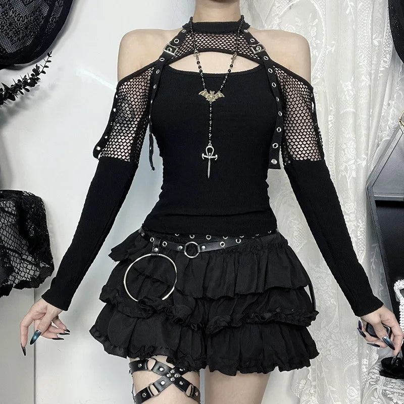 Goth Dark Punk Grunge Fishnet Patchwork Off Shoulder T-shirts Trim Corn Strap Halter Tops Autumn Mall Gothic Streetwear T-shi