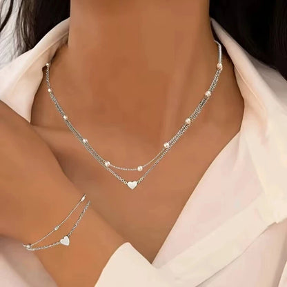 Fashion Imitation Pearl Heart Jewelry Set For Women Gold Silver Color Round Beads Necklace Bracelet Set Daily Wear Accessorie