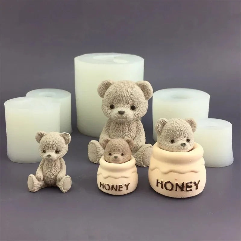 Cute Bear Honey Jar Silicone Candle Mold Chocolate Cake Ice Cube Mold Aromatherapy Plaster Drop Glue Mold Candle Making Suppl