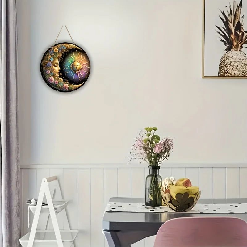 Mandala art style sun and moon wall plate-classic design and manufacture of wooden decorative logo, 8x 8 inches, floral patte