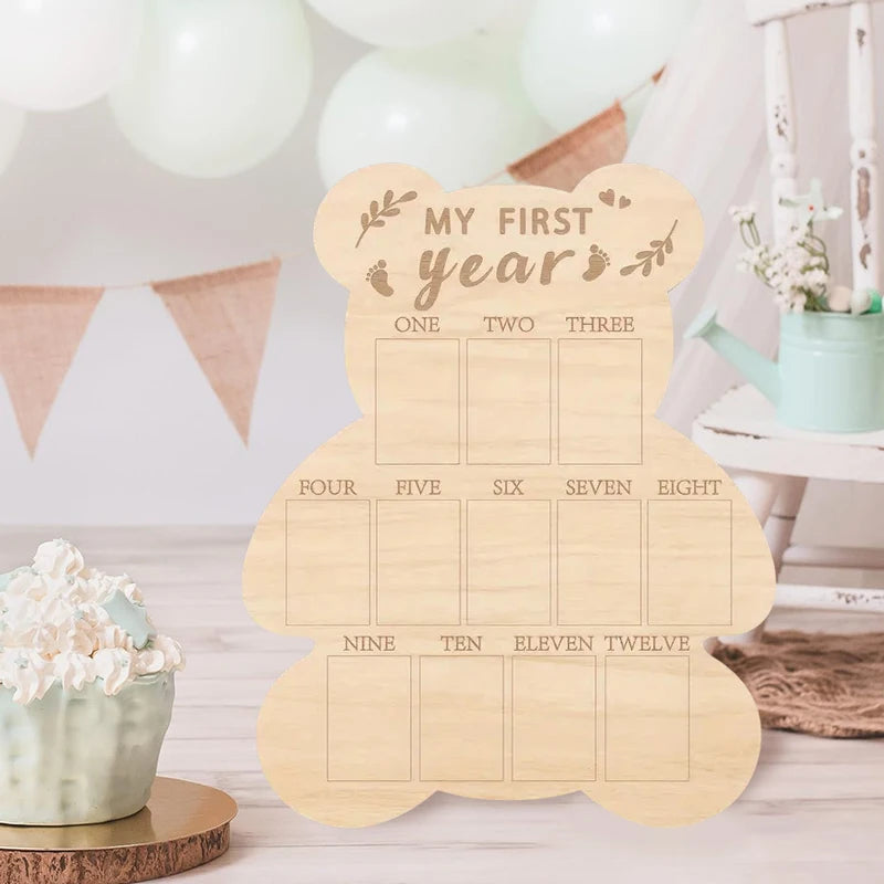 Wooden Bear First Year Milestone Photo Frame Wood Poster Board Memorial Table Decor Ornament Poster Board for Birthday Gift