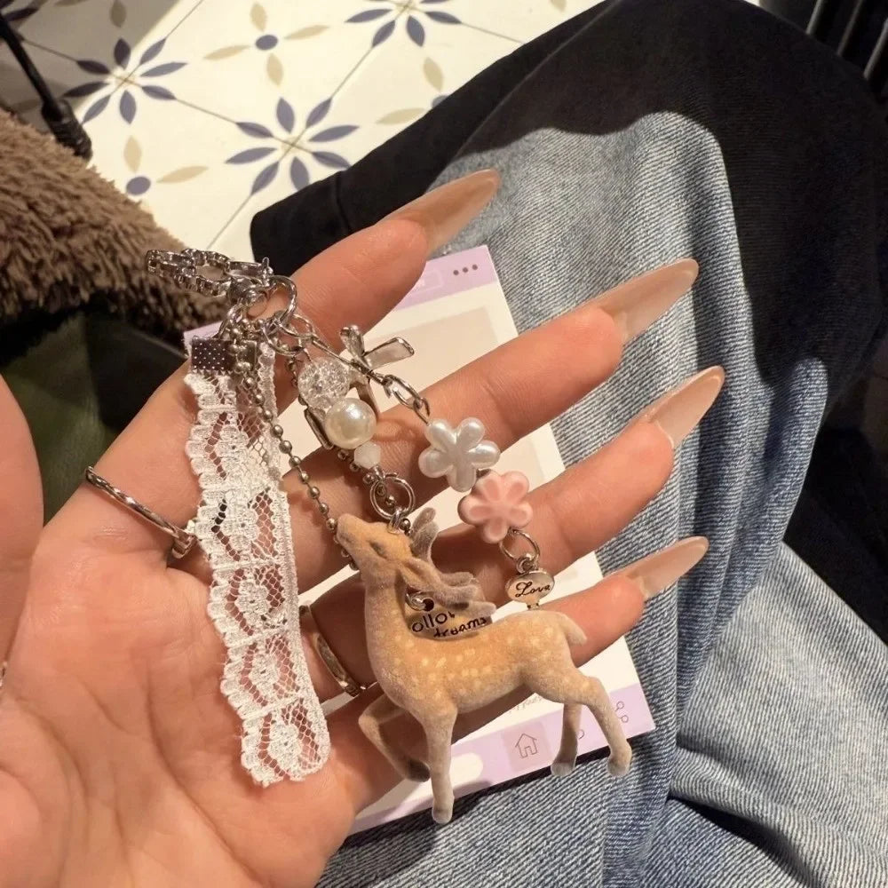 Cute Portable Deer Keychain 11.5cm Length Korean Style Phone Charms Handmade DIY Bead Case