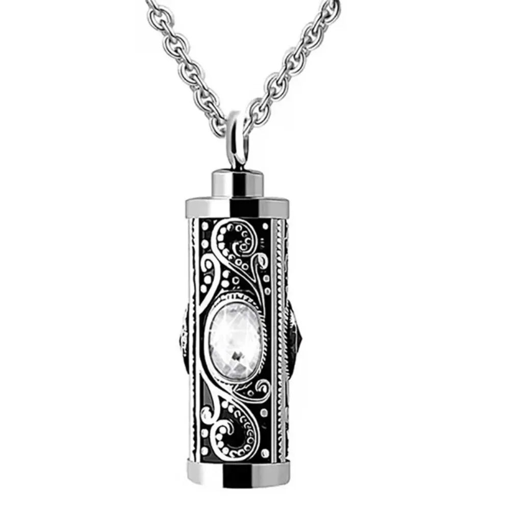 For Men Crystal Cremation Urn Necklace Cylinder Waterproof Ashes Pendant Retro Style Keepsake Memorial Jewelry Human Ashes