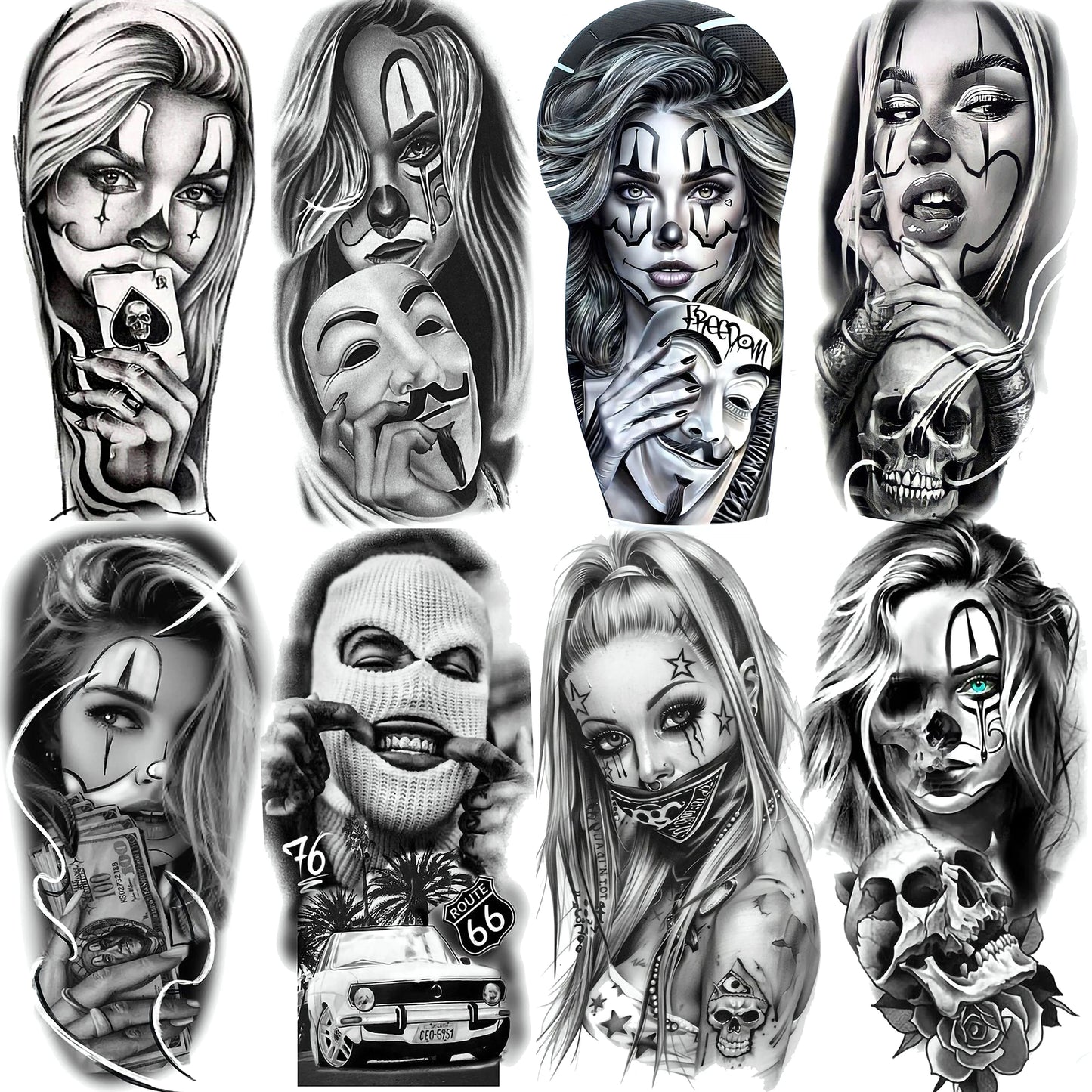 1 Sheet Evil Women Face Joker Mask Temporary Tattoos For Men Women Adults Waterproof Realistic Fake Tattoos Long Lasting Stic