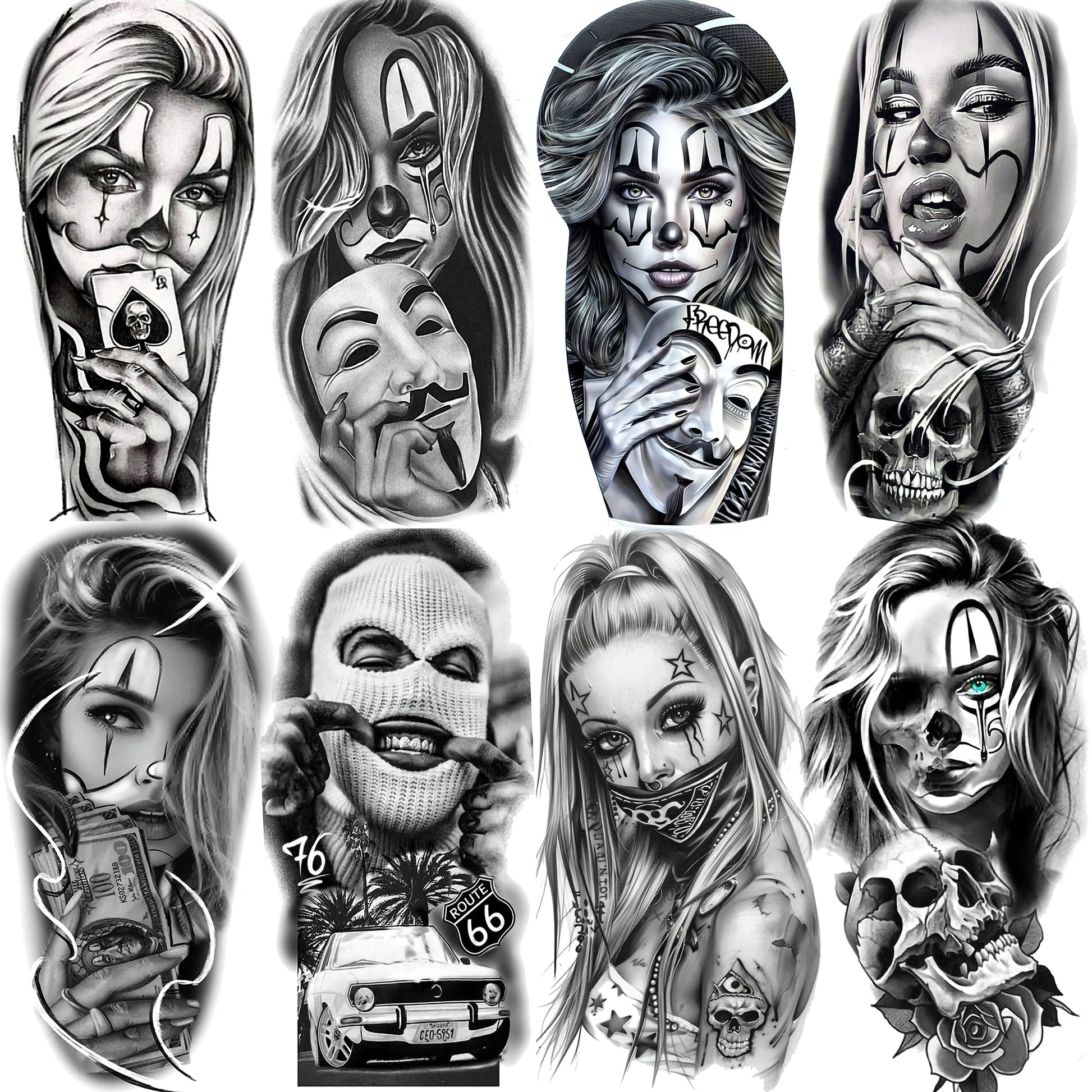 1 Sheet Evil Women Face Joker Mask Temporary Tattoos For Men Women Adults Waterproof Realistic Fake Tattoos Long Lasting Stic