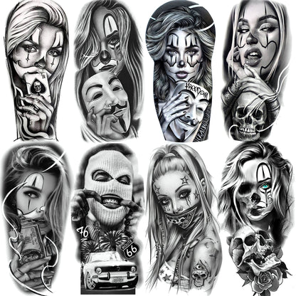 1 Sheet Evil Women Face Joker Mask Temporary Tattoos For Men Women Adults Waterproof Realistic Fake Tattoos Long Lasting Stic