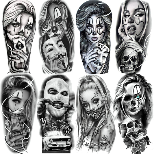 1 Sheet Evil Women Face Joker Mask Temporary Tattoos For Men Women Adults Waterproof Realistic Fake Tattoos Long Lasting Stic