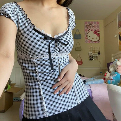 Women Square Neck Lace Trim T Shirt Elegant Short Sleeve Crop Top Vintage Slim Fit Harajuku Shirts Y2K Streetwear Cropped Tee