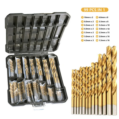 50/99pcs Titanium Coated High Speed Steel Drill Bit Set Hex Shaft Straight Spiral Twist Bits for Metal Wood Plastic Drilling