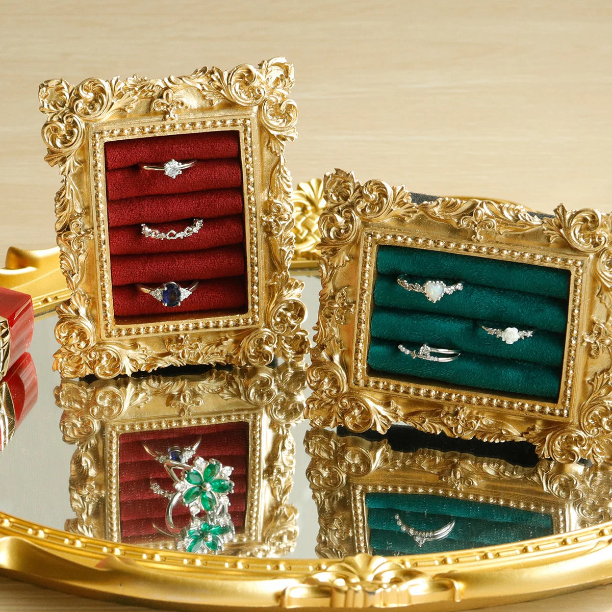 Vintage Gold Ring Display Stand,Suede Earring Tray Baroque Design,Wedding & Birthday Gifts, Velvet Organizer for Engagement P