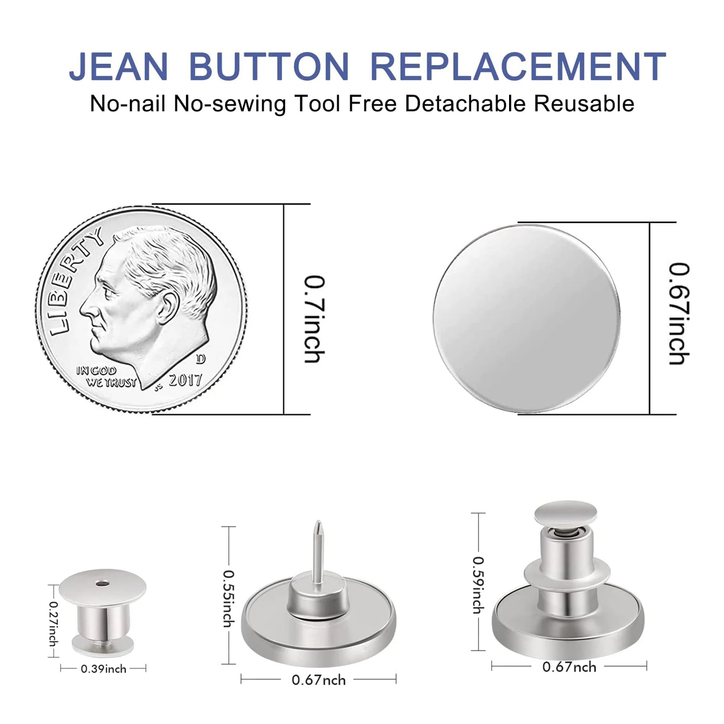 12 Sets Jean Buttons Pins No Sew for Loose Jeans Pants Tightener Adjustable Buttons Replacement for Too Big Snap Tack