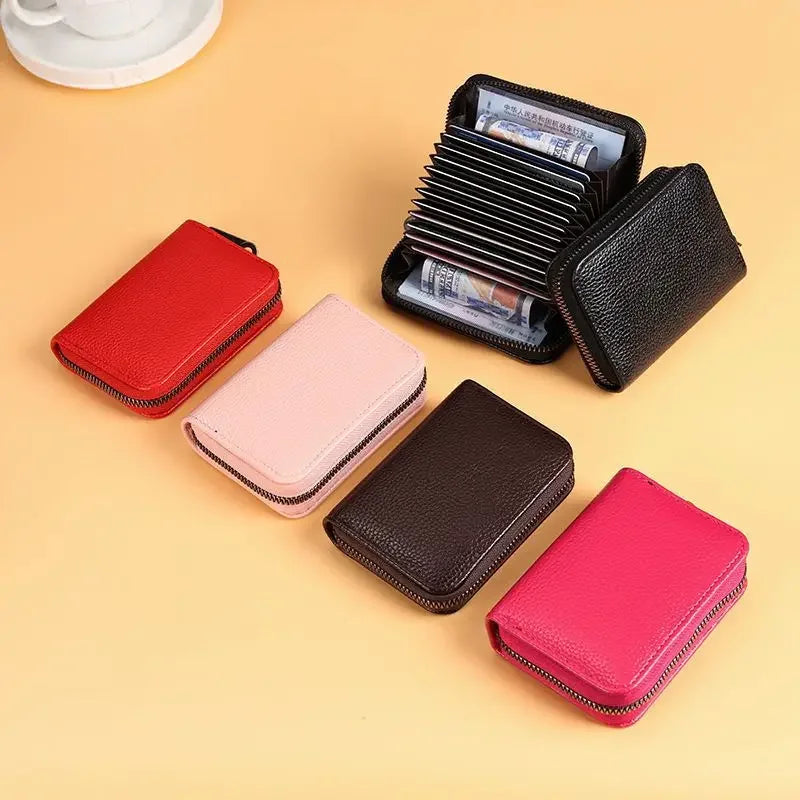 Multi Slot Card Holder Vintage Small Wallet Women Men Business Bank Credit Card Bag Male Coin Pouch Solid Leather Zipper Wall