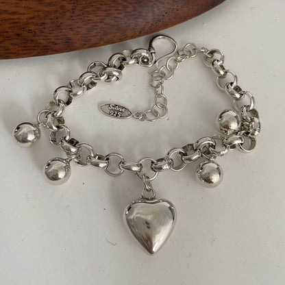100% Solid 925 Sterling Silver Metal Bracelet for Women Vintage Handmade Simple Retro Heart Chain Bracelet Birthday Gift Part