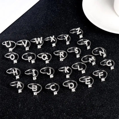 Zircon Initial A-Z Letter Ring For Women Metal Adjustable Opening Ring Name Alphabet Female Wedding Gift Anillos Mujer