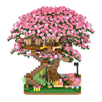 Sakura Tree Micro Blocks with LED Lights - Cherry Blossom Treehouse Model, 3D Romantic Night Glow Decor, Thoughtful Gift for 