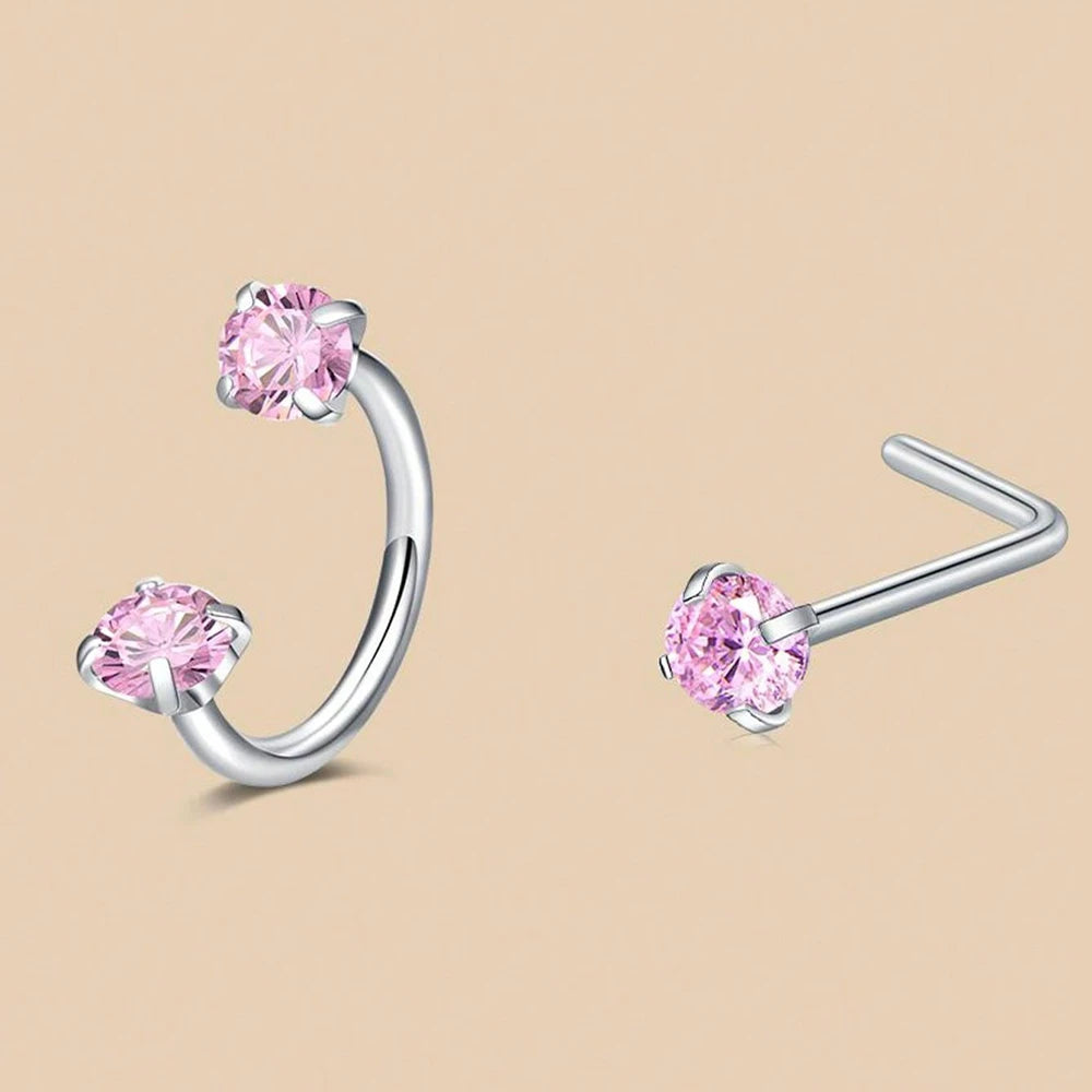 6/2pcs Horseshoe Nose Rings With L-Shape Nose Stud, Stainless Steel Rianbow CZ Nose Ring,, Lip Eyebrow Helix Ear Piercing - 2
