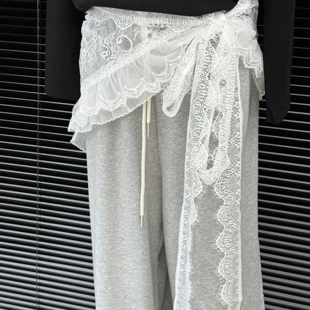 Embroidered Flower Lace Mini Skirt Irregular Y2K Streetwear Ruched Skirts High Waist See Through Lace Up Ruffles Skirt