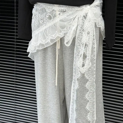 Embroidered Flower Lace Mini Skirt Irregular Y2K Streetwear Ruched Skirts High Waist See Through Lace Up Ruffles Skirt