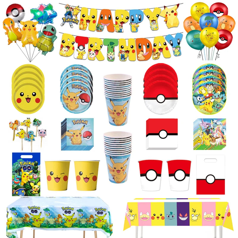 Pokemon Birthday Party Decoration Pikachu Disposable Tableware Cup Napkin Plate Tablecloth Baby Shower Cake Topper Flag Ballo