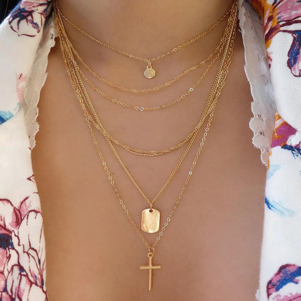 Vintage Gold Color Multiple Styles Necklace For Women Trendy Multi-Layer Disc Pendant Necklaces New Tendyaces Set Jewelry Gif