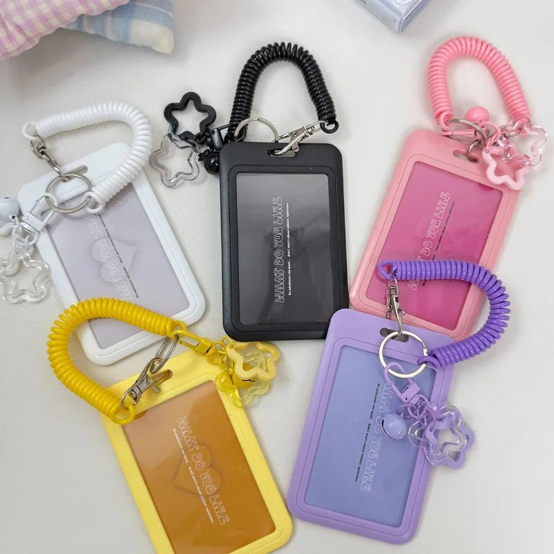 Cute Simple Protective Card Holder with Keychain Colorful Star Retractable Spring Lanyard ID Card Photo Postcard Holder Charm