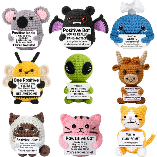 Positive Crochet Cute Animal Dolls with Card Emotional Support Mini Handmade Knitted Figurines Desktop Ornament Home Decor Gi