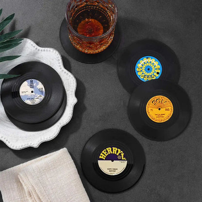 Set of 6 Vinyl Coasters for Drinks Music Coasters with Vinyl Record Player Holder Retro Record Disk Coaster Mug Pad Mat Creat