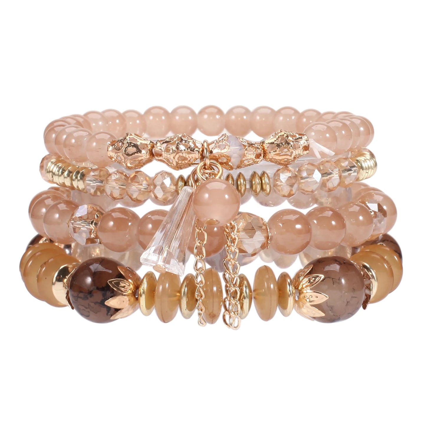 Bohemian Stackable Bead Bracelets for Women Multilayered Bracelet Pendant Charm Stretch Bangles - light coffee