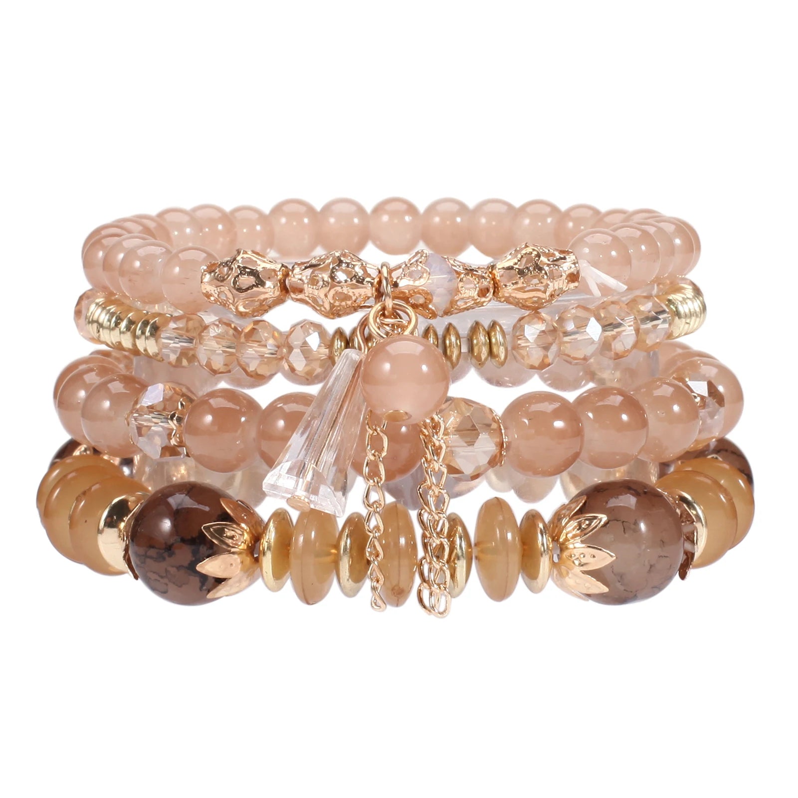 Bohemian Stackable Bead Bracelets for Women Multilayered Bracelet Pendant Charm Stretch Bangles - light coffee