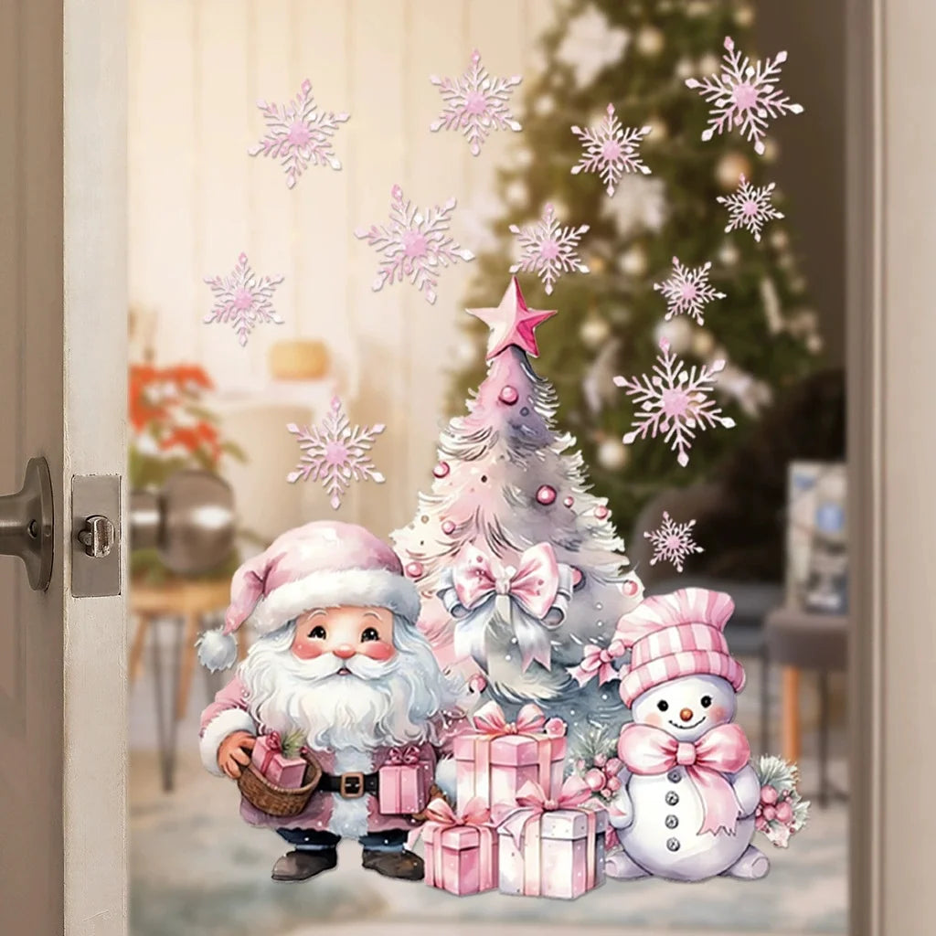 Pink Christmas Snowman Santa Claus Wall Sticker New Year Glass Window Decoration Mural Room Home Decor Electrostatic Decals