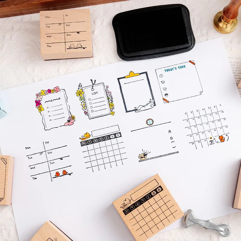 Cute Cat Daily Monthly Calendar Wood Stamp Journaling To Do List Memo Clock in Stamps for Scrapbooking Hobby DIY Craft Suppli