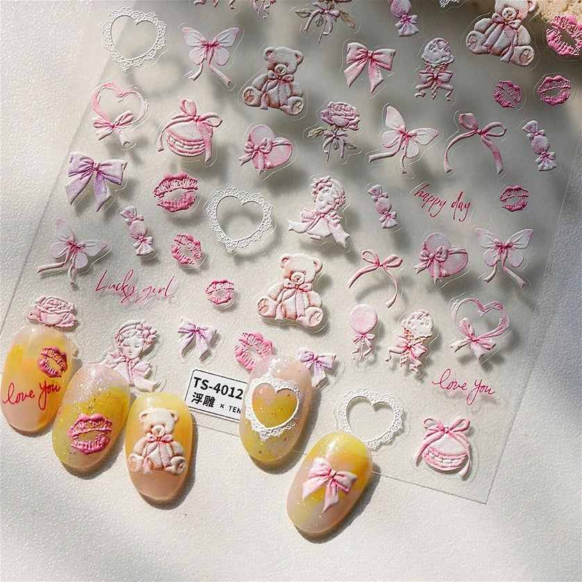 Sakura Pink Lip Print Rose Flower Butterfly Ice Cream Love Heart Bear Macaroon Balloon Candy Nail Art Stickers Manicure Decal