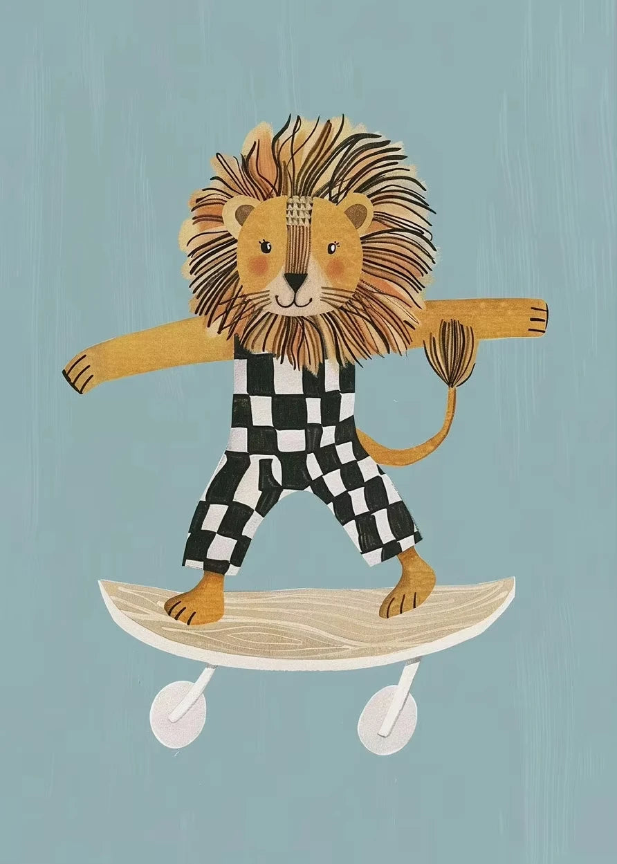 Minimalist Cute Skateboard Animal Wall Art Dog, Lion, Crocodile, Tiger, Bear, and Car Canvas Print Home Decor for Kids' Rooms