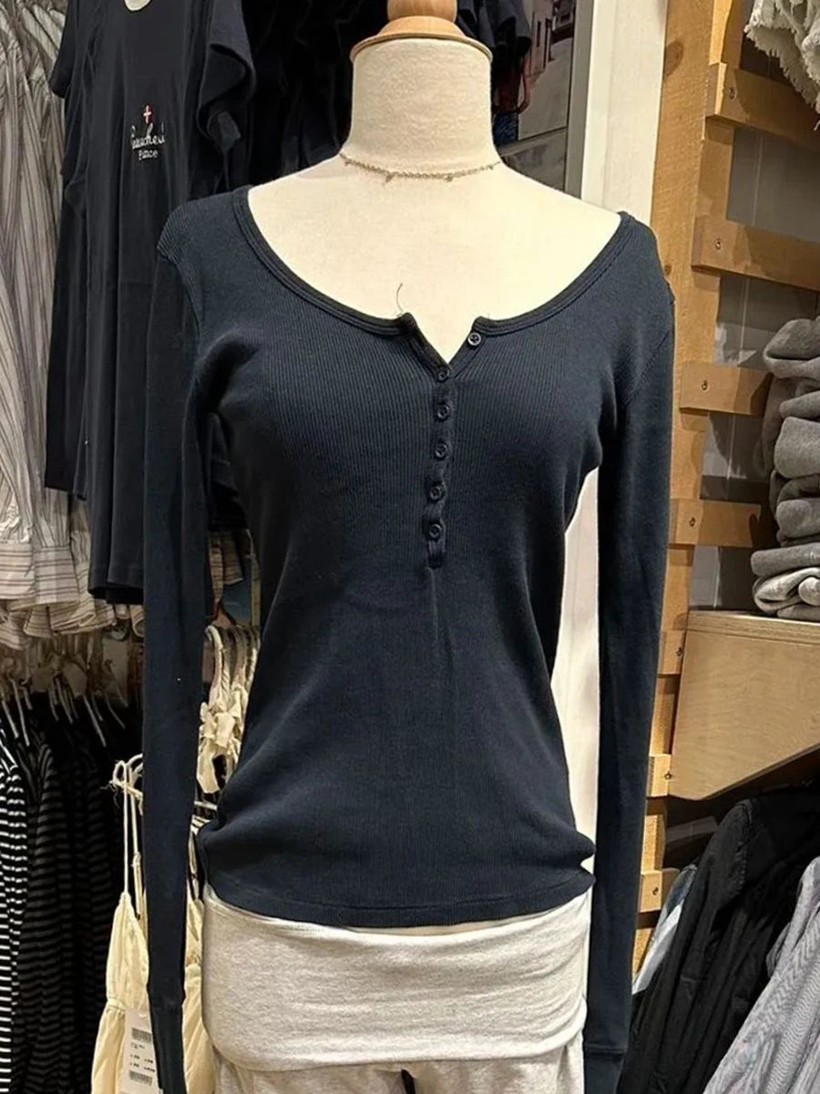 Six Buttons Ribbed Long Sleeve T-shirts Women Spring Round Neck Cotton Slim Tee Top Female Sweet Cute Pink Tshirt Y2k Tops Ne