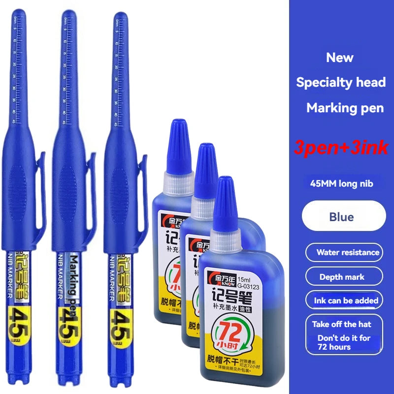 45mm Waterproof Deep Hole Marker Pens Long Nib Head Carpenter Pen White/Black/Blue Ink for Multi-Purpose Woodworking Hand Too