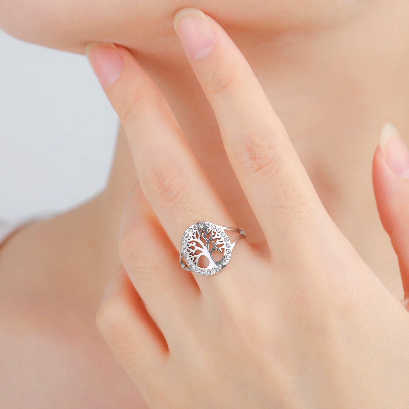 Skyrim Tree of Life Clear Zircon Round Ring Stainless Steel Gold Color Adjustable Women Finger Rings Amulet Jewelry