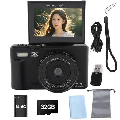 75MP Digital Camera for Photography 5K 18X Digital Zoom Vintage Vlog Video Recorder For YouTube 180° Flip Screen Selfile WiFi