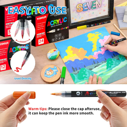 12/24/36/48/60 Colors Acrylic Paint Pens Markers Brush Tip Paint Markers For Rock Painting Wood Stone Glass Gift DIY Crafts